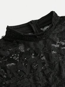 Pitira Pitira Teen Girls Black Sheer Lace Floral Trim Chiffon Hem Mid-Calf Dress, Elegant For Festivals, Parties, Weddings, Graduations Black Lace Dress Black A-Line Dress Short Sleeve Black Dress Elegant Black Dress