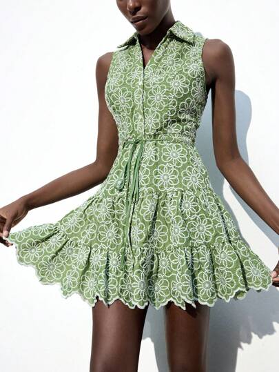 Maija 女式绿白刺绣花朵图案衬衫裙，四季百搭，宽松版型，时尚舒适，非常适合夏季度假、海滩度假、波西米亚风