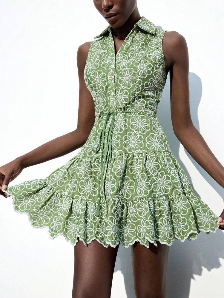SHEIN Maija Women's Green And White Embroidered Flower Patterned Shirt Dress, Versatile For All Seasons, Relaxed Fit, Fashionable And Comfortable, Ideal For Summer Vacation, Beach, Holiday, Boho Chic Style Women Short Dresses Summer Summer Clothes Work Summer Dresses Women Summer Clothing Women Clothes Beach Beach Clothes Bohemian Style Island Vacation