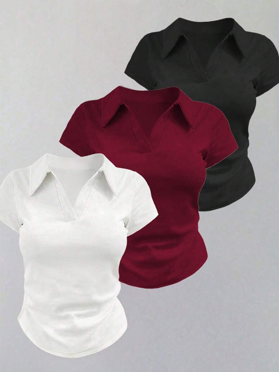 INAWLY Women's Casual Solid Color Short Sleeve T-Shirt Top, Versatile For Summer - Black - View 1