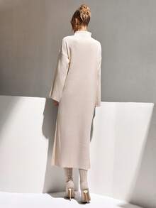 EURMUSE Áo len dệt kim xẻ tà cổ tròn tay loe có gân thanh lịch dành cho nữ phong cách sang trọng - Màu be - Xem 2