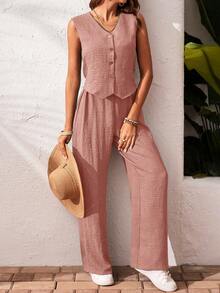 SHEIN Frenchy 2pcs Vacation Casual Solid Color Tank Top And Pants Set Thanks Giving Pink Summer Holiday Resort - Pink - View 4