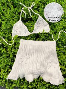 Comfortcana Set da 2 pezzi da donna, costume da bagno a collo alto di colore unito e minigonna