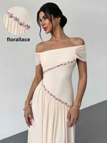 Firerie Élégante robe longue de mode nouvelle, coupe formelle romantique. Col asymétrique avec broderie, drapé en maille et silhouette près du corps abricot. Convient pour le bal, la fête, les vacances, les invités de mariage - Nude - Voir 3