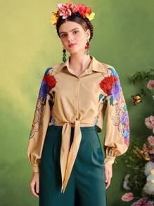 Redefinition Frida Kahlo X SHEIN X Designer Floral Print Tie Buttons Dropped Shoulder Shirts For Women Summer Vacation - Multicolor - View 4
