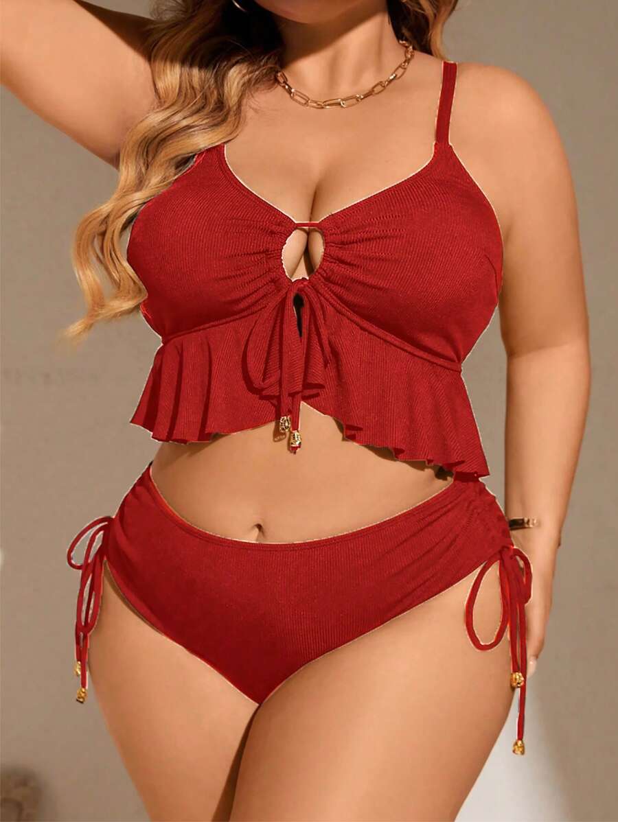 Swim Lushoire 大码女式露背坦基尼泳衣 - 紅色 - 查看 1