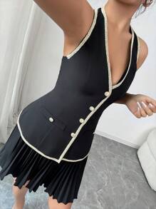 SHEIN Unity Set 2 Potong Rok Lipit Tanpa Lengan Motif Bunga Renda Elegan untuk Sehari-hari, Warna Hitam - Hitam - View 4