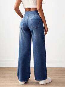 Flexra Women Casual Comfortable High Waist Elastic Waist Side Pockets Loose Wide Leg Jeans