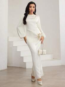 Veilorie Vestido midi minimalista pero elegante y versátil con hombros descubiertos, mangas de farol y cintura ceñida