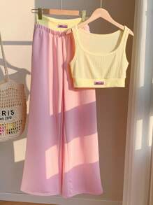 Comfortcana 2pcs/Set Women Summer Vacation Outfit: Letter Print Tank Top & Contrast Splicing Long Pants, Butter Yellow And Pink