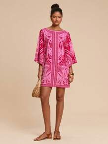 Travachic Vestido midi con estampado floral de estilo bohemio, escote en V y espalda abierta, manga de campana, adecuado para vacaciones y salidas - Multicolor - Ver 3