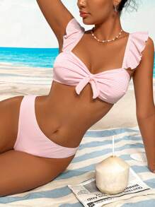 Swim Mod 2件套女士纯色条纹荷叶边可爱比基尼套装