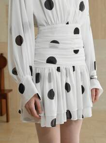 Aveloria Women's Short Style Big Wave Polka Dot Waist Slimming Chiffon Dress Simple Elegant Dress Cute Style Long Sleeved Dress White Autumn Women's Clothing, All White Party Outfit Women Fall Cloth For Women - White - View 6