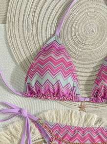 Swim Vcay Set bikini elegant și dulce pentru femei, în culori gradient, roz ondulat, pentru vacanță, vară