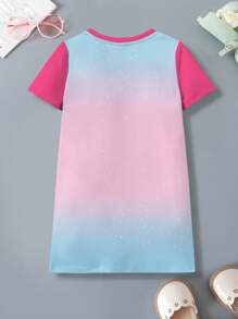 THE POWERPUFF GIRLS X SHEIN Váy trẻ em dễ thương họa tiết ngôi sao, cầu vồng, họa tiết hoạt hình in màu tương phản cổ tròn tay ngắn thoải mái cho mùa hè - trắng - Xem 3