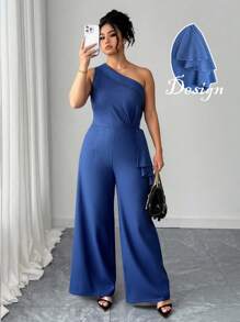Elenzga Plus Size Women Spring/Summer Elegant Dignified Ruffle Hem Oblique Shoulder Collar Wide Leg Long Jumpsuit - Blue - View 4