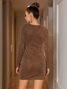EURMUSE Elegant & Sexy Glitter Bodycon Mini Dress - Camel - View 2