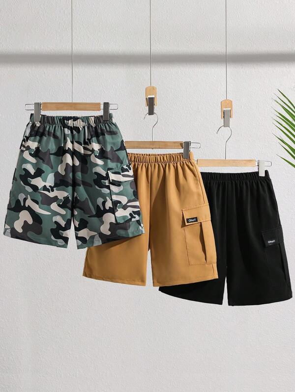 Tween Boy Buy 2 Get 1 Free 3-Pack Casual Sports College Art Retro Camouflage Pattern Work Shorts And Basic Work Shorts Cost-Effective Multi-Pack Suitable For Back To School Suitable For Birthday Parties, Evening Parties, Performances, Weddings, Baptisms, Opening Ceremonies