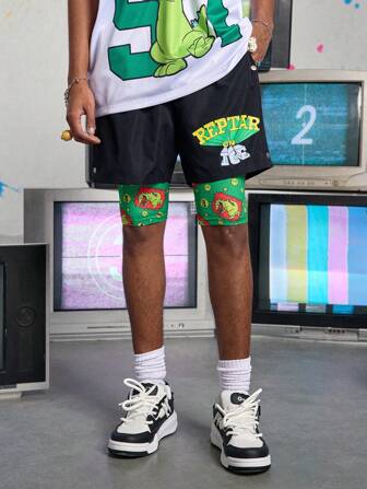 Nick 90's X ROMWE Pantaloncini casual da uomo con stampa di lettere e cartoni animati, vita con coulisse, streetwear