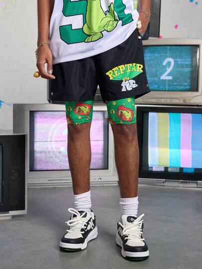 Nick 90's X ROMWE Pantaloncini casual da uomo con stampa di lettere e cartoni animati, vita con coulisse, streetwear