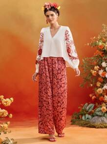 Frida Kahlo X SHEIN X Designer Oxana Placement Floral Print V Neck Flowy Puffy Long Sleeves Blouse Top Women Summer Vacation