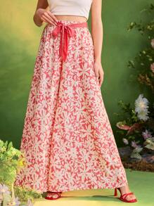 Frida Kahlo X SHEIN X Designer The Perfect Party Floral Print High Waist Belt Wide Leg Pants For Summer Vacation Beach Casual Holiday