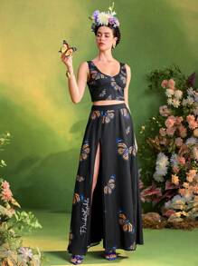 KATHARSIS Frida Kahlo X SHEIN X Designer Butterfly Printed Woven Crop Top With Smocking Back Women Summer - Black - View 1