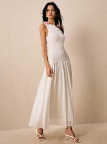 Poéselle Women Elegant Solid Color One Shoulder Contrast Lace White Sleeveless Dress - Apricot - View 3