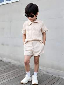 SHEIN Vintaside Kids 2 pièces Ensemble de chemise à col polo à manches courtes mode été et short de sport casual de plein air pour jeune garçon