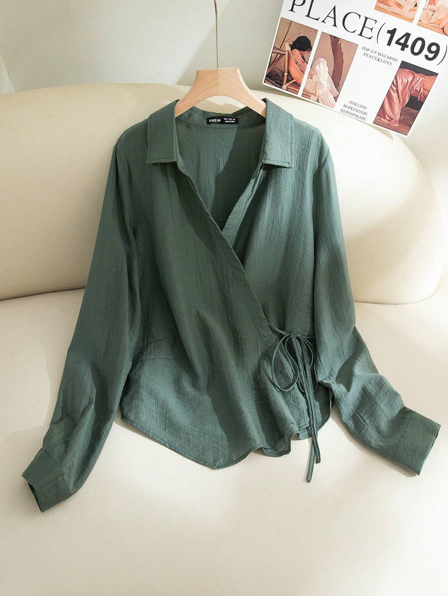 Modelyn 女士纯色围裹式领带长袖休闲宽松衬衫 - 綠色 - 查看 1