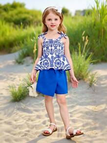 SHEIN 2pcs/Set Young Girl Ditsy Floral Camisole Top & Woven Shorts Set - Blue - View 2