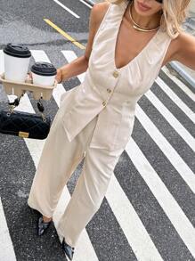 SHEIN Frenchy Women's Solid V-Neck Sleeveless Single-Breasted Metallic Buckle Casual Top And Pants 2 Pieces Set, Neckline Pleated Design,Metal Button  Sleeveless Top And Pants Two-Piece Set,Imple Fashion Elegant Office,Business For Commuting,Linen-Like Bamboo Pattern Stretch Fabrics