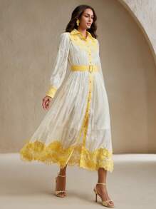 Anewsta Robe patchwork en dentelle jaune citron fraîche pour femmes - Jaune citron - Voir 2
