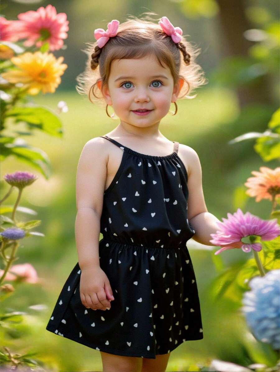 SHEIN Baby Girl Heart Print Cami Romper For Valentine's Day