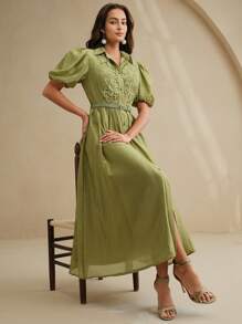 Anewsta 优雅花卉拼布拼接 A 字形荷叶边下摆绿色中长连衣裙，修身腰线，适合度假和约会