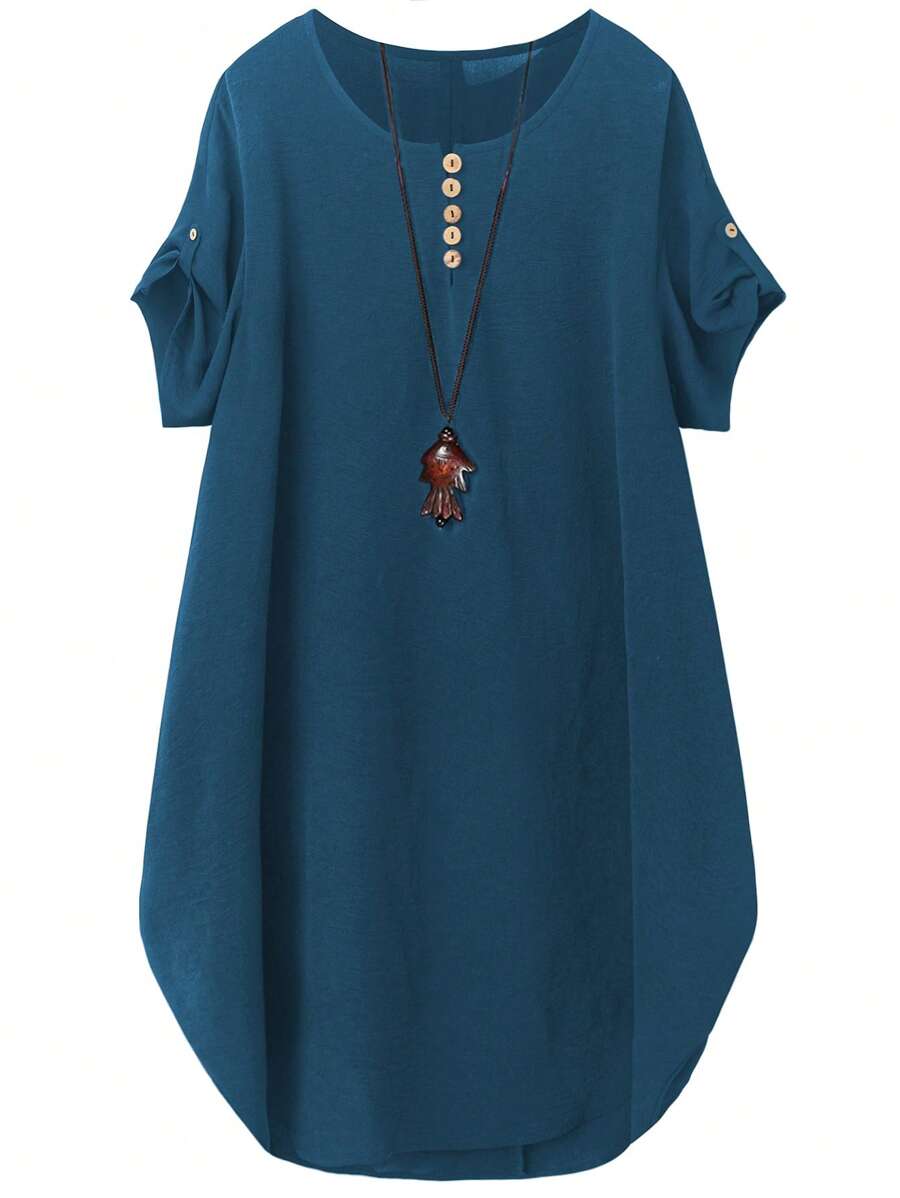 EMERY ROSE Vestido de diseño cómodo de manga corta y cuello redondo para mujer de talla grande, adecuado para uso diario y viajes - Azul - Ver 1