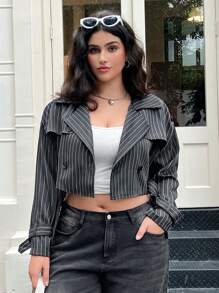 SHEIN EZwear 大码女式灰色条纹休闲风衣，教师秋冬季 - 灰色 - 查看 4