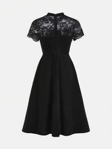 Pitira Pitira Teen Girls Black Sheer Lace Floral Trim Chiffon Hem Mid-Calf Dress, Elegant For Festivals, Parties, Weddings, Graduations Black Lace Dress Black A-Line Dress Short Sleeve Black Dress Elegant Black Dress