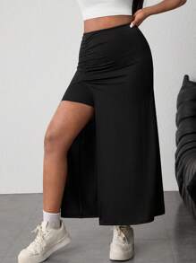 SHEIN Gonna plissettata nera casual personalizzata in maglia per ragazze adolescenti, in un colore tinta unita, con spacco laterale, arricciata, gonna midi aderente senza fodera, adatta per la primavera/autunno, per uso casual quotidiano