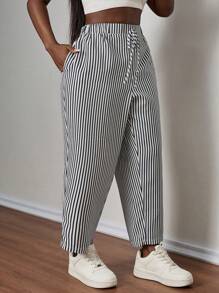 SHEIN PETITE CURVE 大码休闲简约黑白条纹裤，适合所有季节 - 灰色 - 查看 5