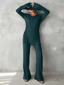 EURMUSE 2pcs Women Solid Color Ribbed Long Sleeve Shirt And Pants Casual Suit - Army Green - View 4