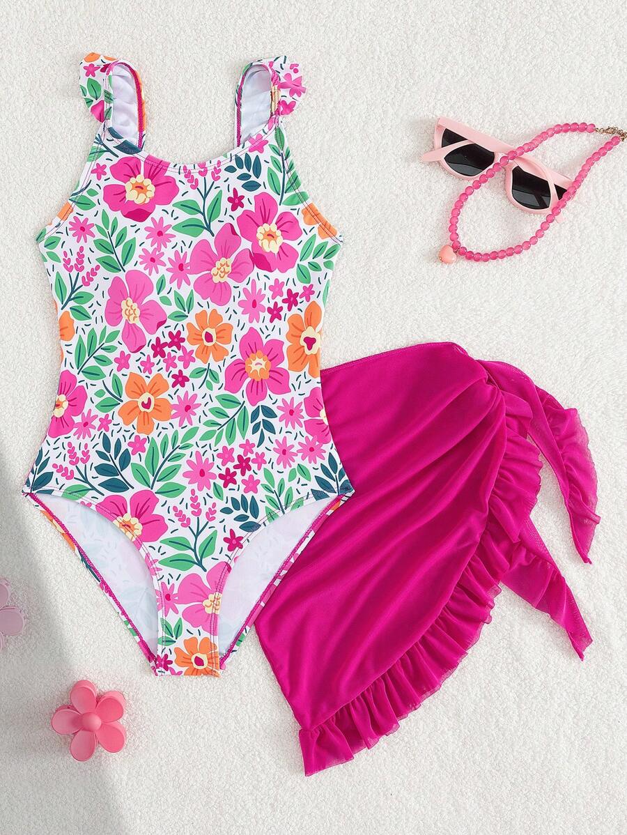 SHEIN Traje de baño de una pieza con estampado de criaturas marinas para niñas preadolescentes, con diseño de tirantes y volantes, elegante y de moda, adecuado para vacaciones, natación y playa en verano - Multicolor - Ver 1