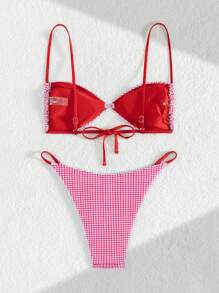 Swim Mod 2 件套女士性感波尔卡圆点印花金色配饰细肩带短款上衣和比基尼泳装套装，夏季 - 紅色 - 查看 2