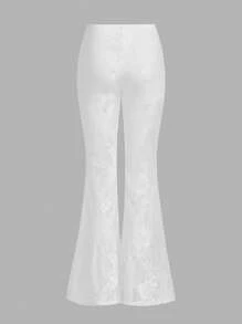 SHEIN ICON 女士 Y2k 性感西式女装低腰蕾丝喇叭裤，优雅时尚 - 白色 - 查看 2