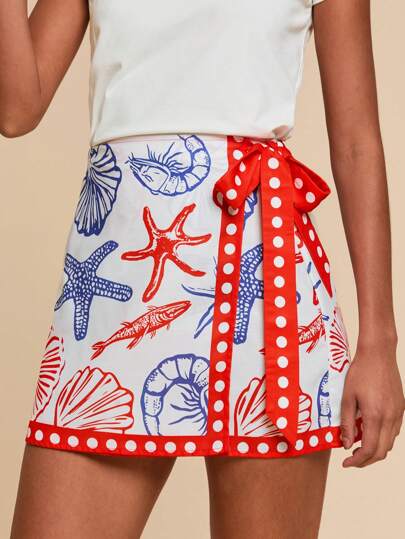 Travachic Falda casual de verano con estampado de criaturas marinas, lazo en la cintura, trajes de vacaciones para mujer, atuendos de playa, outfits de verano para mujer