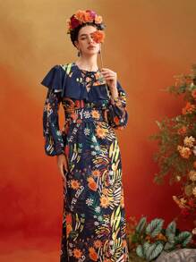 Frida Kahlo X SHEIN X Designer Oxana Floral Print Maxi Dress A-Line Long Puffy Sleeves For Women Summer Vacation Holiday Elegant - Multicolor - View 6