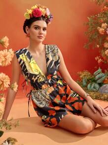 Frida Kahlo X SHEIN X Designer ISELACOS Mono de verano para mujer con cuello en V profundo, sin mangas, cordón ajustable y estampado completo