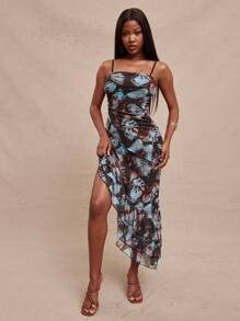 NYA SZN Vestido con volantes medianos y abertura, tirantes delgados, vestido de verano para fiesta, vestido sexy para eventos, vestido elegante para festivales occidentales, conciertos, fiestas, vacaciones, primavera, brunch, graduación, boda, Pascua, color azul pastel con estampado de mariposa para mujer