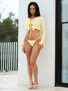 SHEIN Swim 女式纯色荷叶边V领系带长袖和服罩衫 - 黃色 - 查看 3