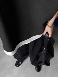 FRIFUL Women Summer Round Neck Patchwork Asymmetrical Hem Loose Colorblock Casual Short Sleeve T-Shirt Black White Top Asymmetrical Top Black And White Top Layered Top Two Tone Top